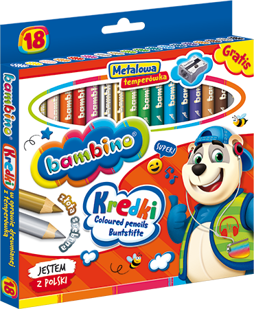 Kredki świecowe BAMBINO w oprawie drewnianej 18kol. temperówka